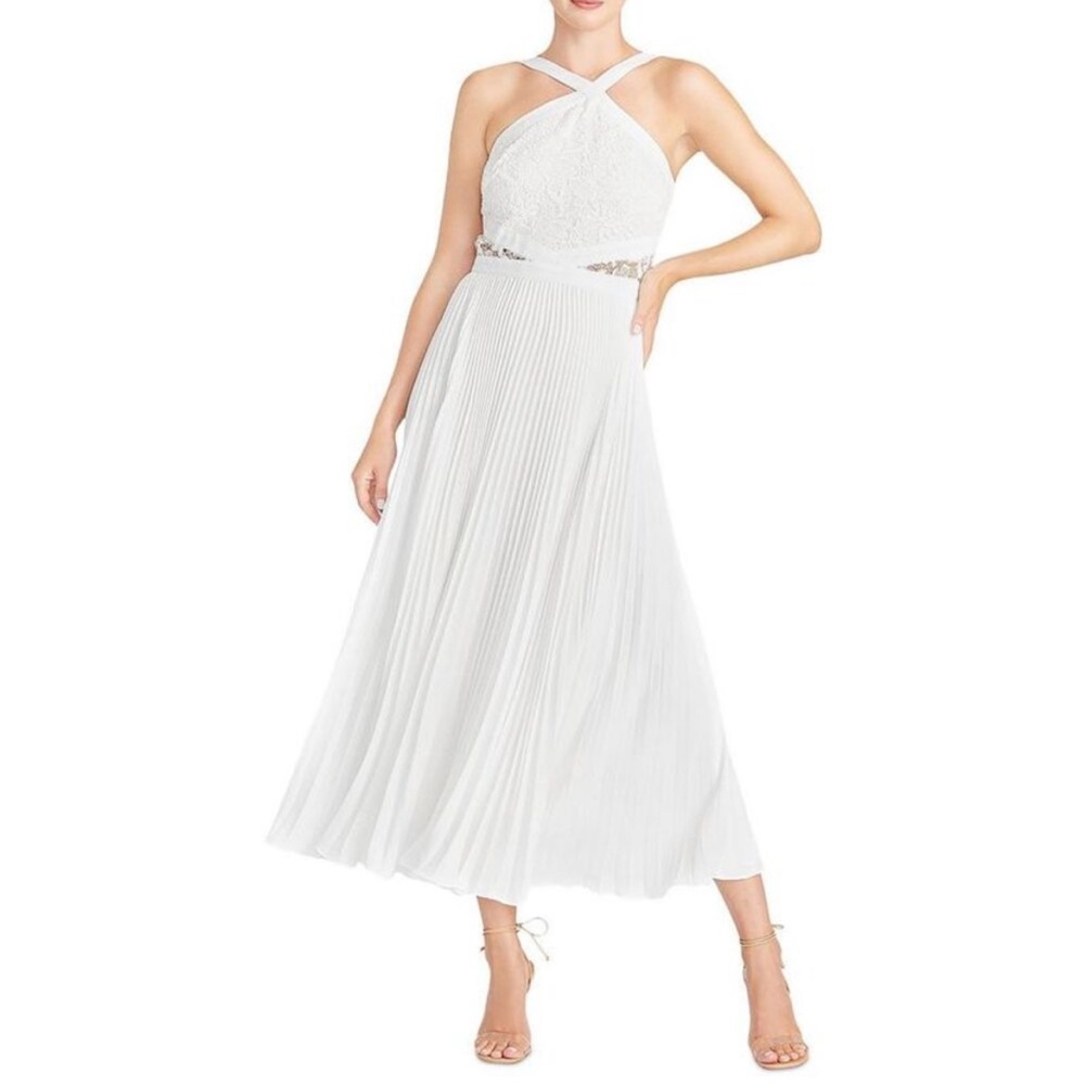 ML Monique Lhuillier | Womens White Chiffon Lace Overlay Party Midi Dress 2